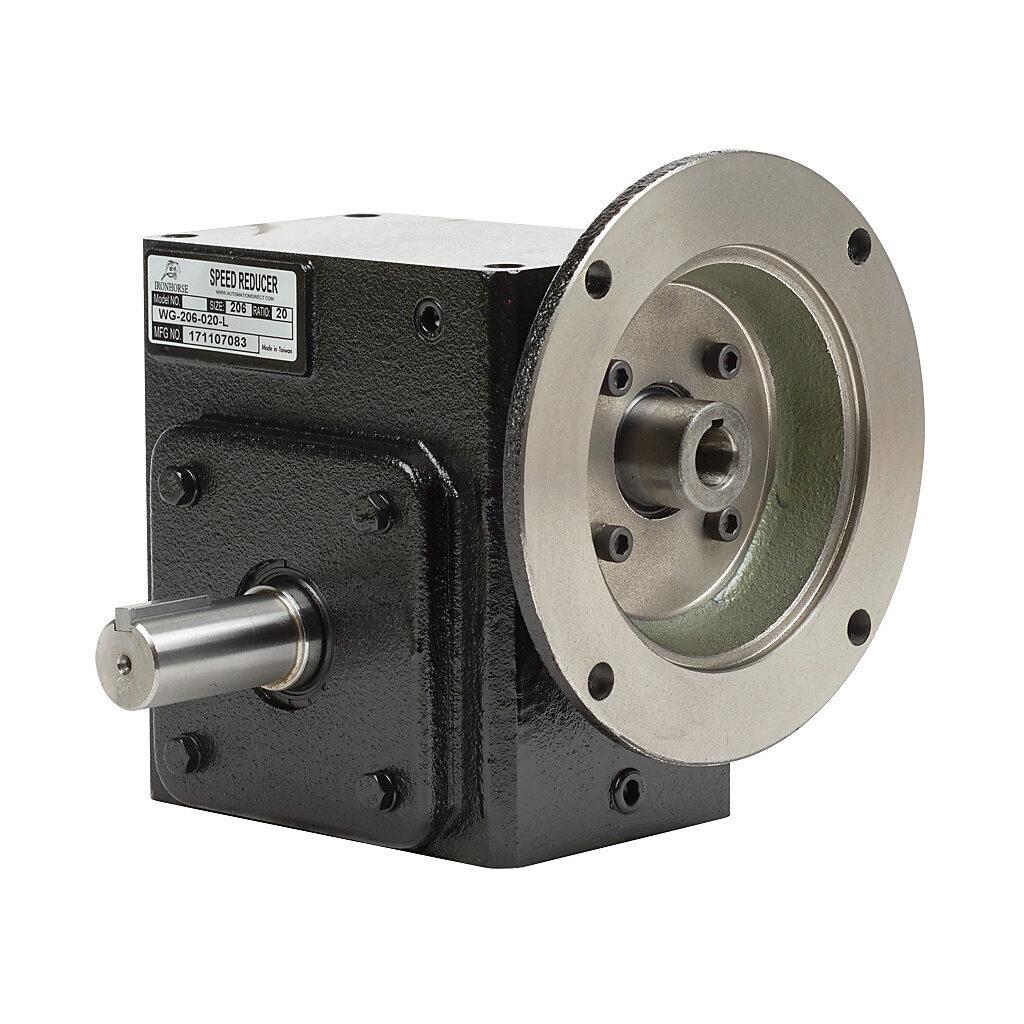 WG-206-020-L - IronHorse heavy duty worm gearbox, 20:1 ratio, NEMA 56C input, left hand, 1in diameter output shaft, nominal 1.57hp at 1.0 SF, 914 lb-in mechanical output torque, 2-1/16in center distance, cast iron housing, tapped-base mount.
