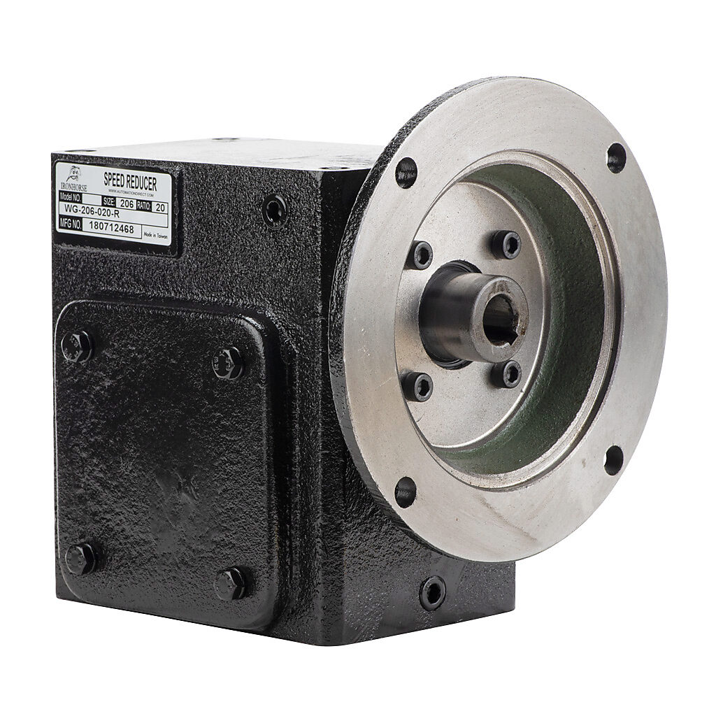 WG-206-020-R - IronHorse heavy duty worm gearbox, 20:1 ratio, NEMA 56C input, right hand, 1in diameter output shaft, nominal 1.57hp at 1.0 SF, 914 lb-in mechanical output torque, 2-1/16in center distance, cast iron housing, tapped-base mount.
