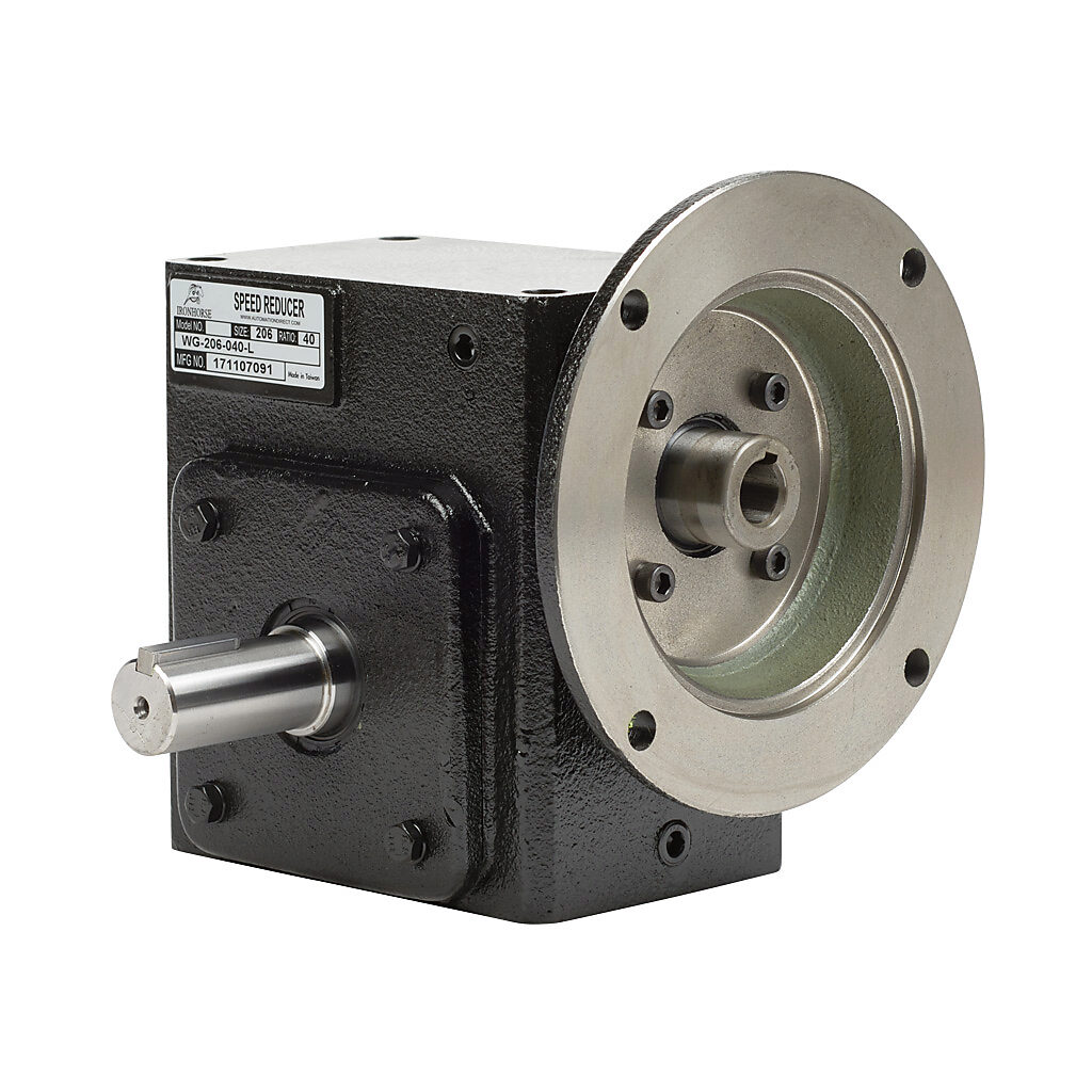 WG-206-040-L - IronHorse heavy duty worm gearbox, 40:1 ratio, NEMA 56C input, left hand, 1in diameter output shaft, nominal 1.09hp at 1.0 SF, 1120 lb-in mechanical output torque, 2-1/16in center distance, cast iron housing, tapped-base mount.