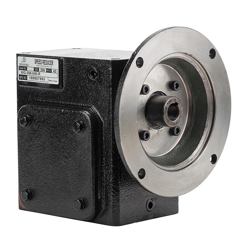 WG-206-040-R - IronHorse heavy duty worm gearbox, 40:1 ratio, NEMA 56C input, right hand, 1in diameter output shaft, nominal 1.09hp at 1.0 SF, 1120 lb-in mechanical output torque, 2-1/16in center distance, cast iron housing, tapped-base mount.