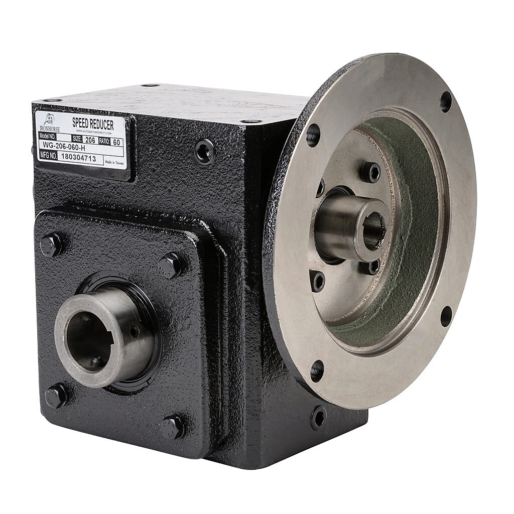 WG-206-060-H - IronHorse heavy duty worm gearbox, 60:1 ratio, NEMA 56C input, hollow, 1.125in diameter output shaft, nominal 0.6hp at 1.0 SF, 750 lb-in mechanical output torque, 2-1/16in center distance, cast iron housing, tapped-base mount.