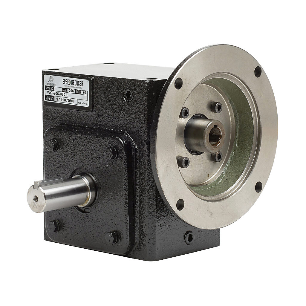 WG-206-060-L - IronHorse heavy duty worm gearbox, 60:1 ratio, NEMA 56C input, left hand, 1in diameter output shaft, nominal 0.6hp at 1.0 SF, 750 lb-in mechanical output torque, 2-1/16in center distance, cast iron housing, tapped-base mount.