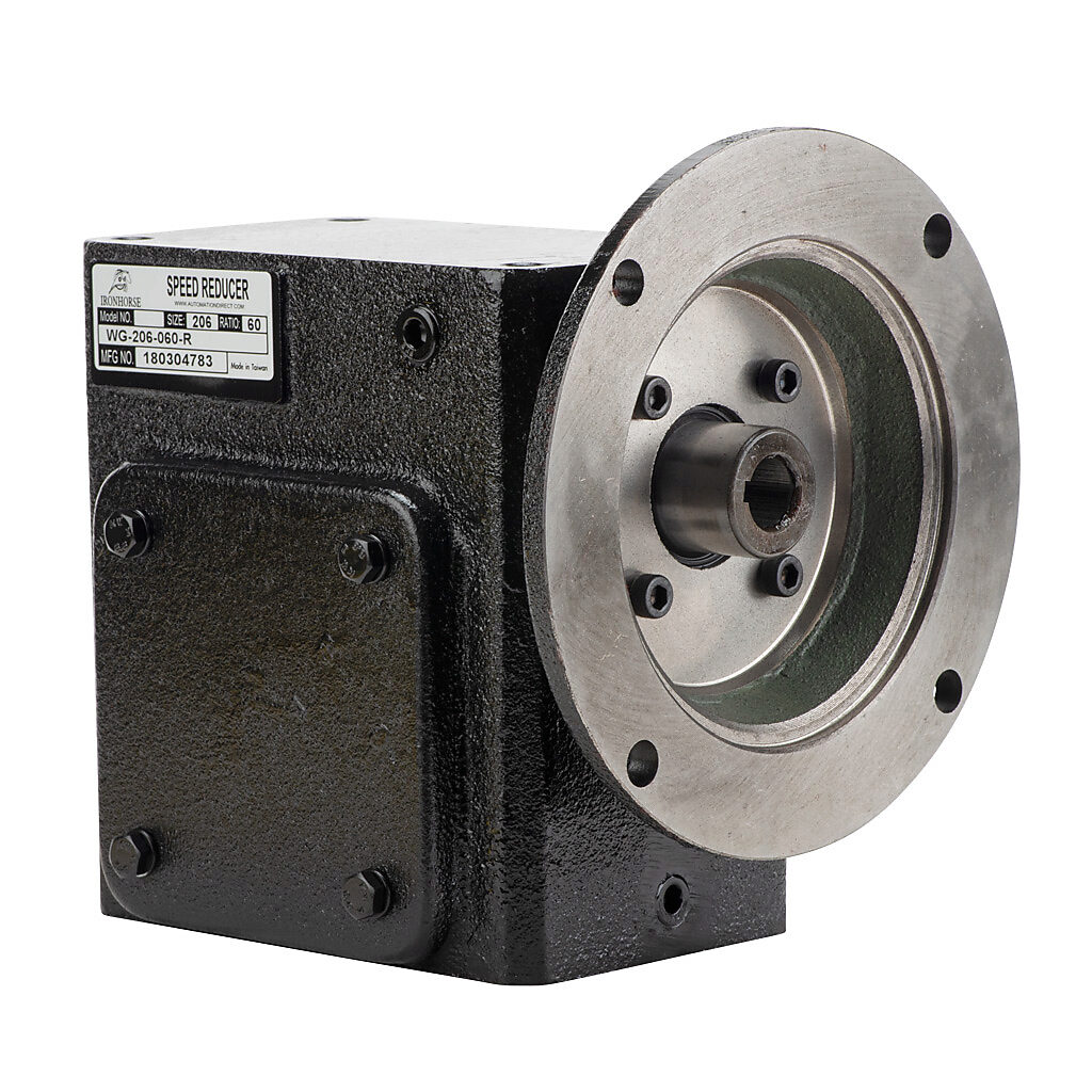WG-206-060-R - IronHorse heavy duty worm gearbox, 60:1 ratio, NEMA 56C input, right hand, 1in diameter output shaft, nominal 0.6hp at 1.0 SF, 750 lb-in mechanical output torque, 2-1/16in center distance, cast iron housing, tapped-base mount.
