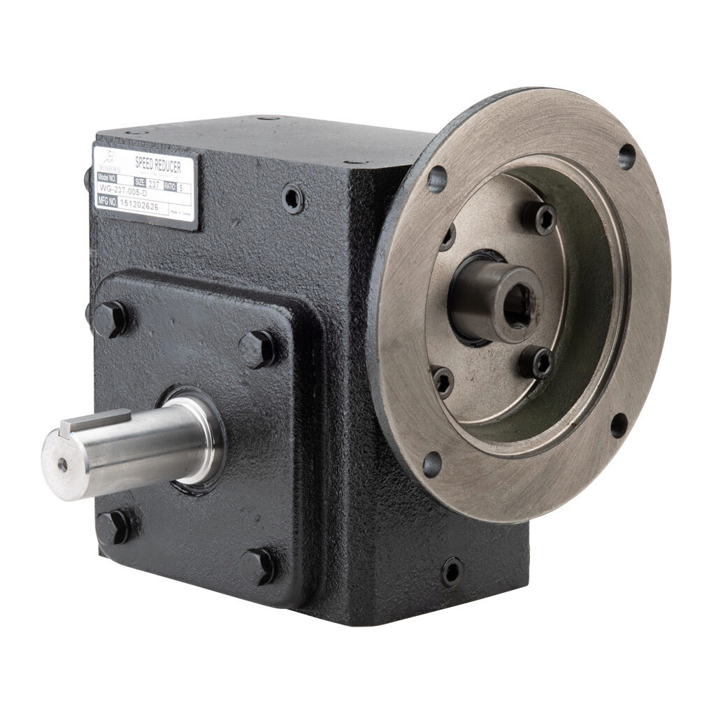 WG-237-005-D - IronHorse heavy duty worm gearbox, 5:1 ratio, NEMA 56C input, dual, 1.125in diameter output shaft, nominal 4.57hp at 1.0 SF, 798 lb-in mechanical output torque, 2-3/8in center distance, cast iron housing, tapped-base mount.