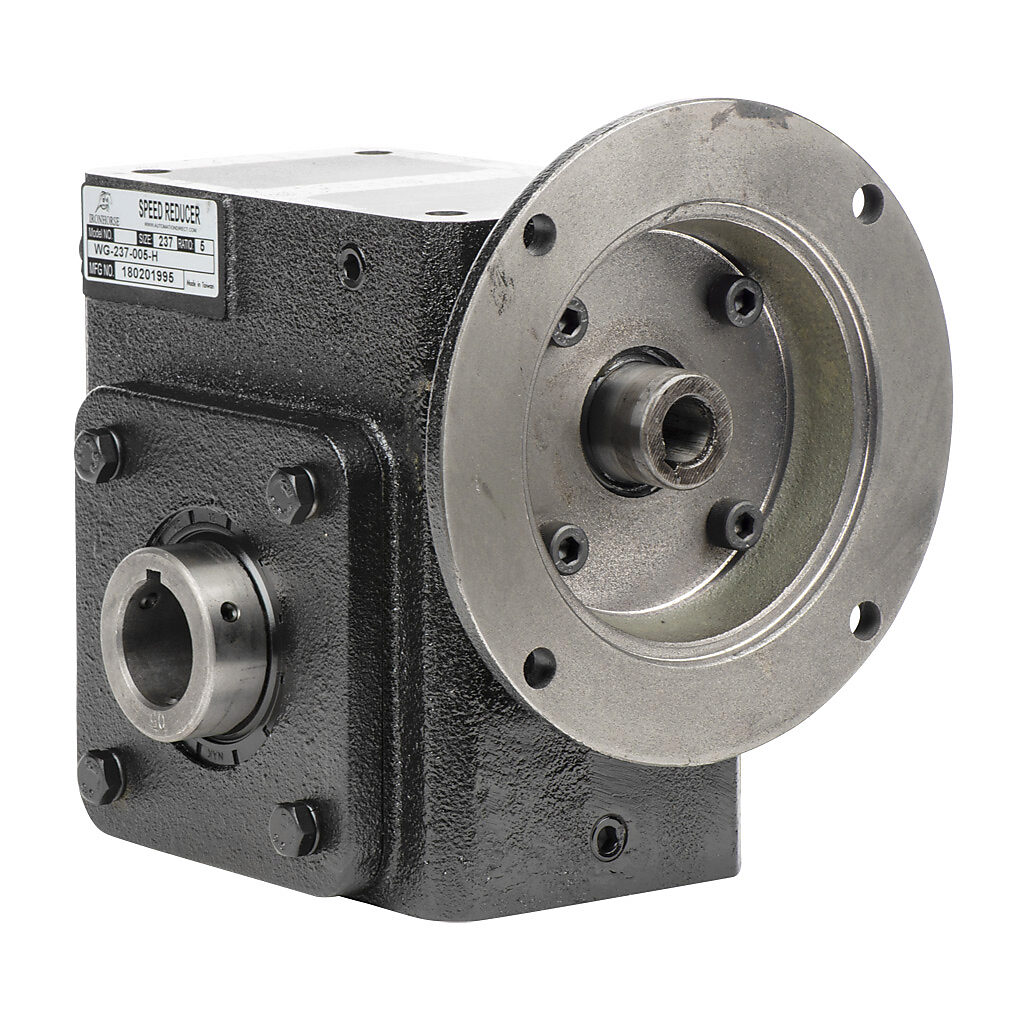 WG-237-005-H - IronHorse heavy duty worm gearbox, 5:1 ratio, NEMA 56C input, hollow, 1.25in diameter output shaft, nominal 4.57hp at 1.0 SF, 798 lb-in mechanical output torque, 2-3/8in center distance, cast iron housing, tapped-base mount.