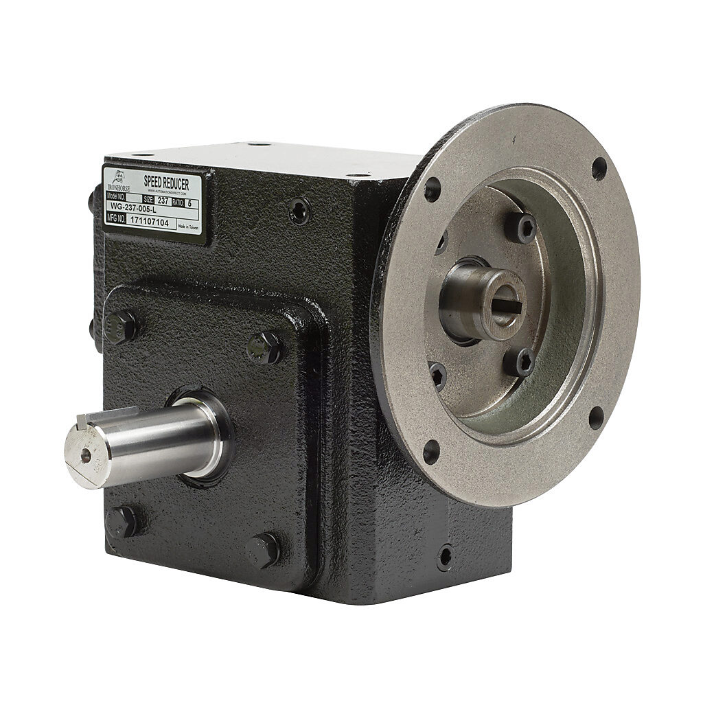WG-237-005-L - IronHorse heavy duty worm gearbox, 5:1 ratio, NEMA 56C input, left hand, 1.125in diameter output shaft, nominal 4.57hp at 1.0 SF, 798 lb-in mechanical output torque, 2-3/8in center distance, cast iron housing, tapped-base mount.