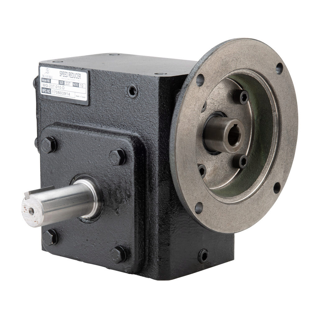 WG-237-010-D - IronHorse heavy duty worm gearbox, 10:1 ratio, NEMA 56C input, dual, 1.125in diameter output shaft, nominal 3.47hp at 1.0 SF, 1158 lb-in mechanical output torque, 2-3/8in center distance, cast iron housing, tapped-base mount.