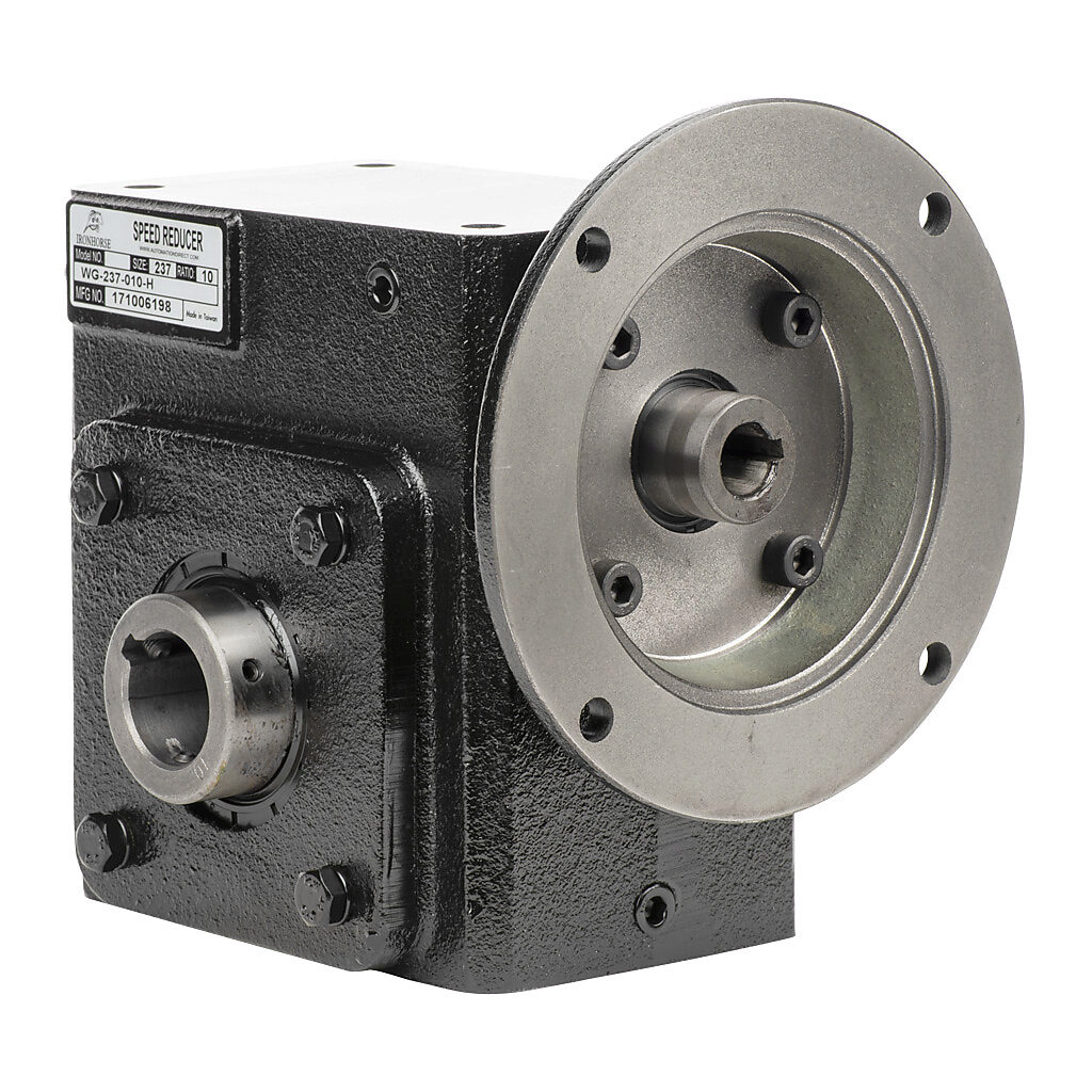 WG-237-010-H - IronHorse heavy duty worm gearbox, 10:1 ratio, NEMA 56C input, hollow, 1.25in diameter output shaft, nominal 3.47hp at 1.0 SF, 1158 lb-in mechanical output torque, 2-3/8in center distance, cast iron housing, tapped-base mount.