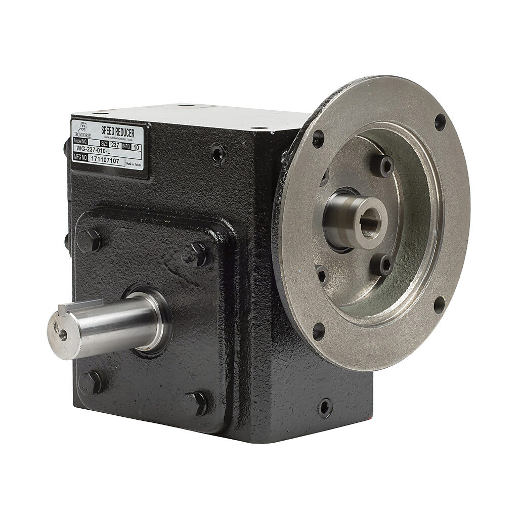 WG-237-010-L - IronHorse heavy duty worm gearbox, 10:1 ratio, NEMA 56C input, left hand, 1.125in diameter output shaft, nominal 3.47hp at 1.0 SF, 1158 lb-in mechanical output torque, 2-3/8in center distance, cast iron housing, tapped-base mount.