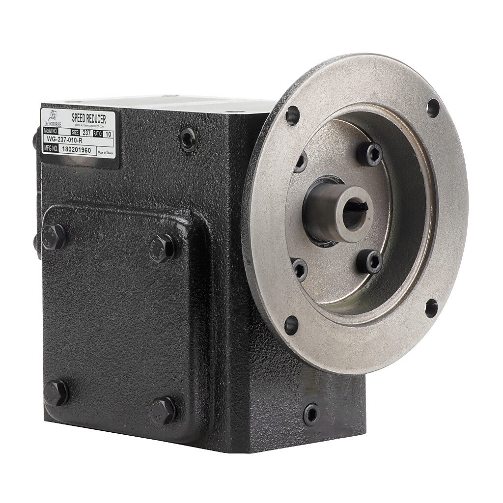 WG-237-010-R - IronHorse heavy duty worm gearbox, 10:1 ratio, NEMA 56C input, right hand, 1.125in diameter output shaft, nominal 3.47hp at 1.0 SF, 1158 lb-in mechanical output torque, 2-3/8in center distance, cast iron housing, tapped-base mount.