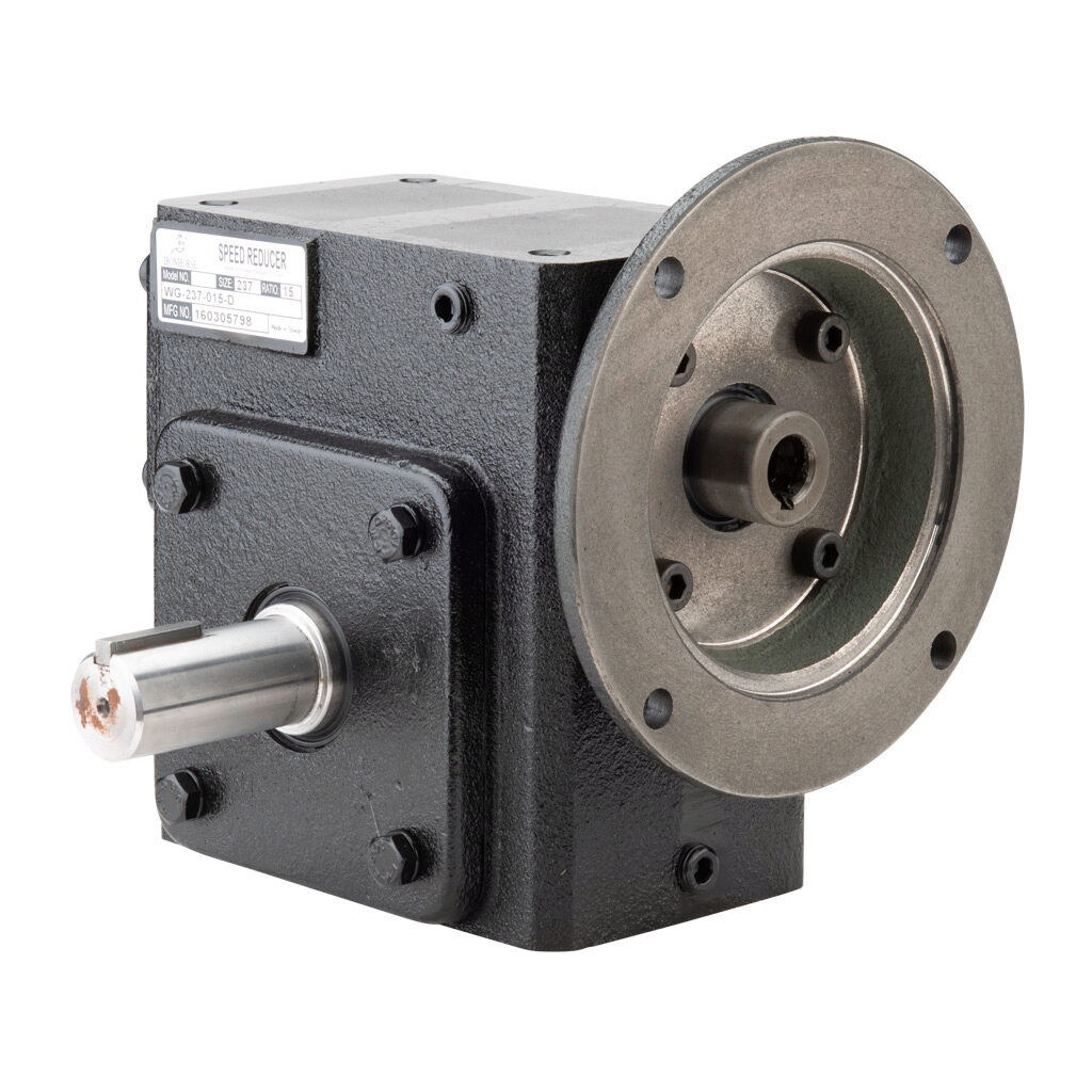 WG-237-015-D - IronHorse heavy duty worm gearbox, 15:1 ratio, NEMA 56C input, dual, 1.125in diameter output shaft, nominal 2.64hp at 1.0 SF, 1249 lb-in mechanical output torque, 2-3/8in center distance, cast iron housing, tapped-base mount.