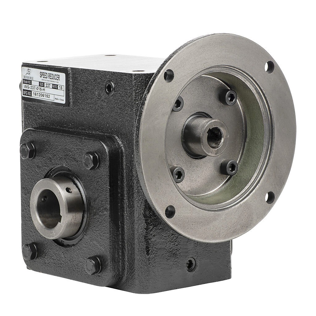 WG-237-015-H - IronHorse heavy duty worm gearbox, 15:1 ratio, NEMA 56C input, hollow, 1.25in diameter output shaft, nominal 2.64hp at 1.0 SF, 1249 lb-in mechanical output torque, 2-3/8in center distance, cast iron housing, tapped-base mount.