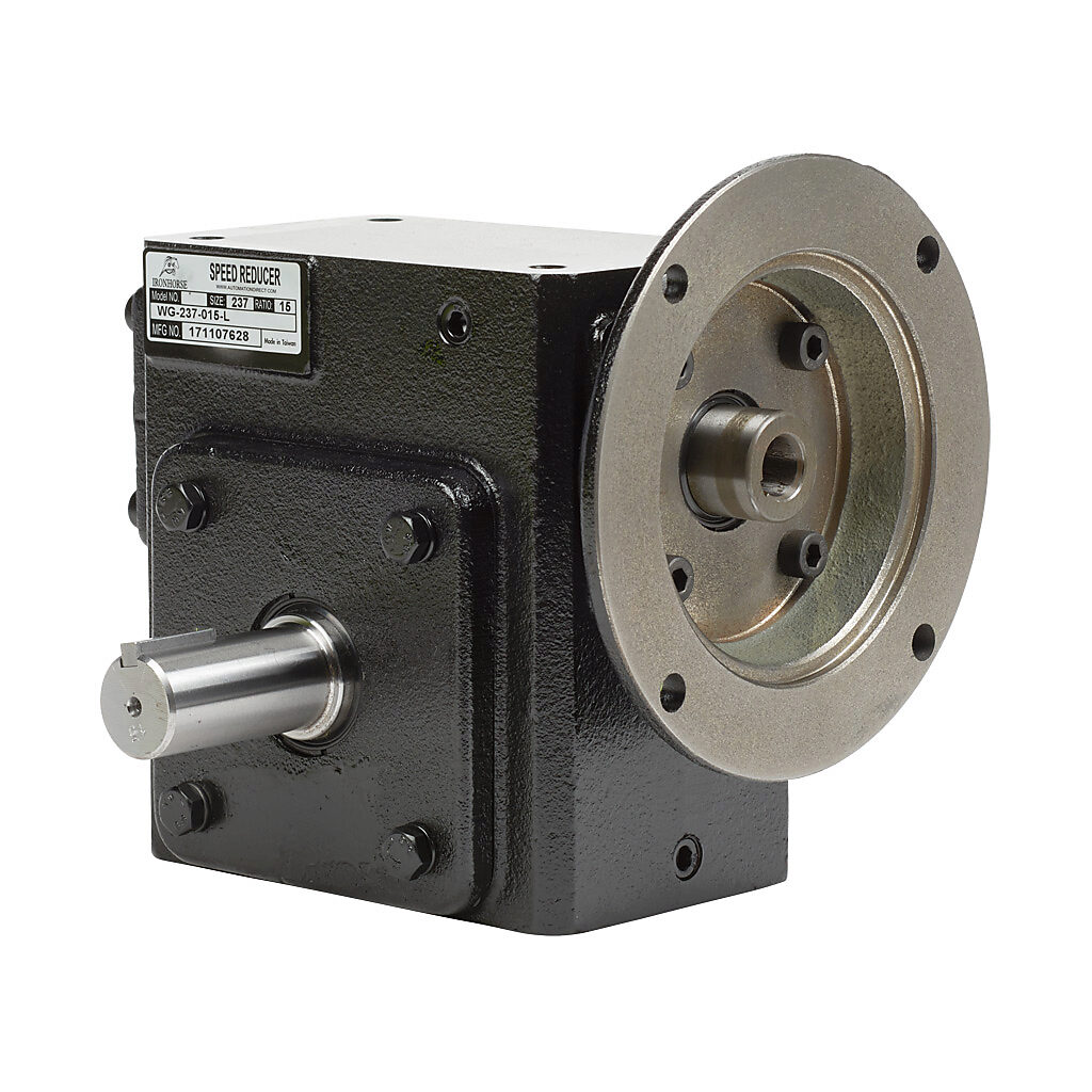 WG-237-015-L - IronHorse heavy duty worm gearbox, 15:1 ratio, NEMA 56C input, left hand, 1.125in diameter output shaft, nominal 2.64hp at 1.0 SF, 1249 lb-in mechanical output torque, 2-3/8in center distance, cast iron housing, tapped-base mount.