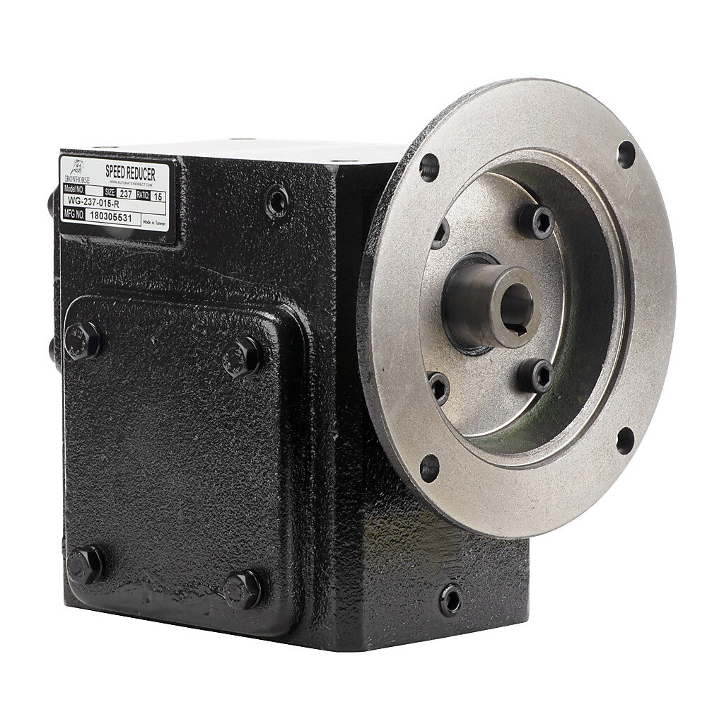 WG-237-015-R - IronHorse heavy duty worm gearbox, 15:1 ratio, NEMA 56C input, right hand, 1.125in diameter output shaft, nominal 2.64hp at 1.0 SF, 1249 lb-in mechanical output torque, 2-3/8in center distance, cast iron housing, tapped-base mount.