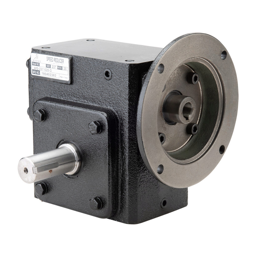 WG-237-020-D - IronHorse heavy duty worm gearbox, 20:1 ratio, NEMA 56C input, dual, 1.125in diameter output shaft, nominal 2.06hp at 1.0 SF, 1195 lb-in mechanical output torque, 2-3/8in center distance, cast iron housing, tapped-base mount.