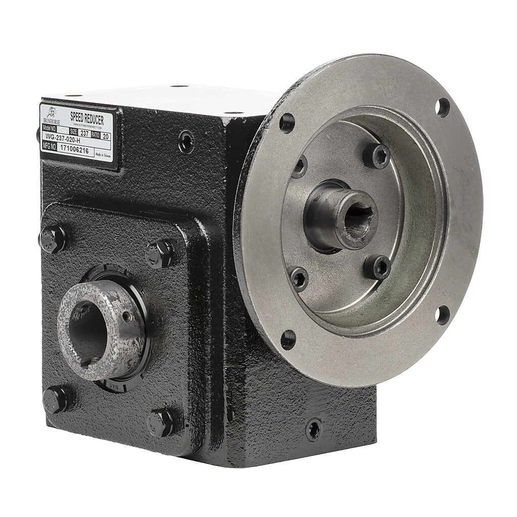 WG-237-020-H - IronHorse heavy duty worm gearbox, 20:1 ratio, NEMA 56C input, hollow, 1.25in diameter output shaft, nominal 2.06hp at 1.0 SF, 1195 lb-in mechanical output torque, 2-3/8in center distance, cast iron housing, tapped-base mount.