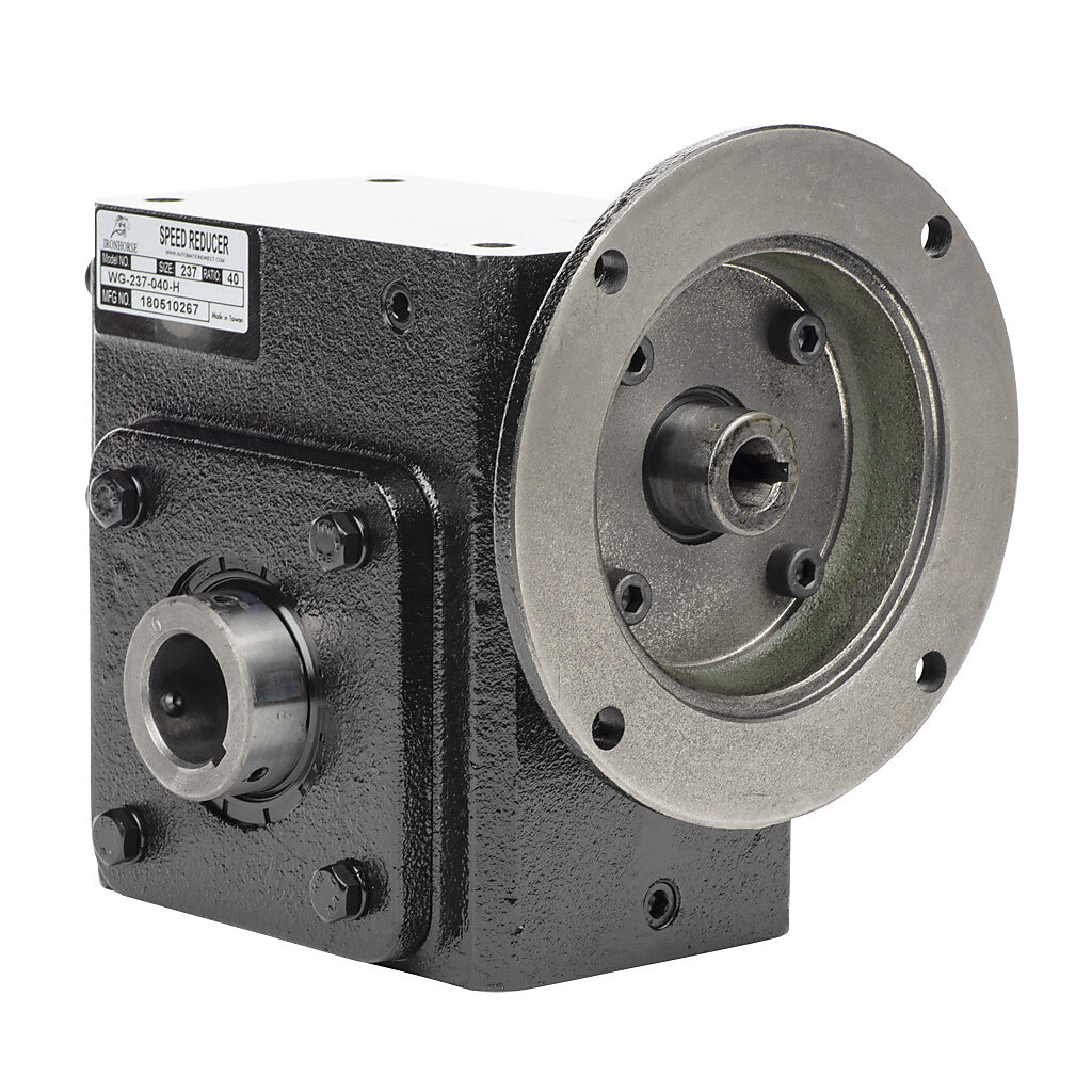 WG-237-040-H - IronHorse heavy duty worm gearbox, 40:1 ratio, NEMA 56C input, hollow, 1.25in diameter output shaft, nominal 1.45hp at 1.0 SF, 1483 lb-in mechanical output torque, 2-3/8in center distance, cast iron housing, tapped-base mount.
