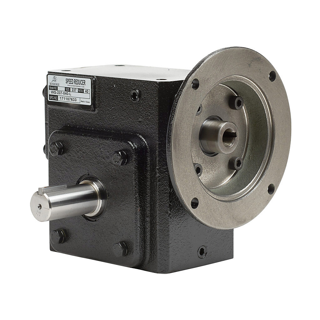 WG-237-040-L - IronHorse heavy duty worm gearbox, 40:1 ratio, NEMA 56C input, left hand, 1.125in diameter output shaft, nominal 1.45hp at 1.0 SF, 1483 lb-in mechanical output torque, 2-3/8in center distance, cast iron housing, tapped-base mount.
