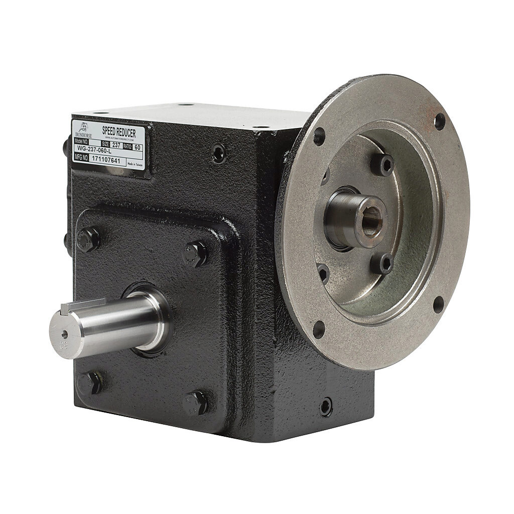 WG-237-060-L - IronHorse heavy duty worm gearbox, 60:1 ratio, NEMA 56C input, left hand, 1.125in diameter output shaft, nominal 0.86hp at 1.0 SF, 1149 lb-in mechanical output torque, 2-3/8in center distance, cast iron housing, tapped-base mount.