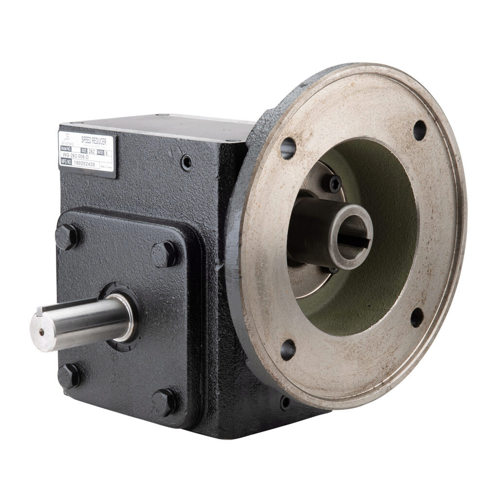 WG-262-005-D - IronHorse heavy duty worm gearbox, 5:1 ratio, NEMA 182TC input, dual, 1.125in diameter output shaft, nominal 5.24hp at 1.0 SF, 924 lb-in mechanical output torque, 2-5/8in center distance, cast iron housing, tapped-base mount.