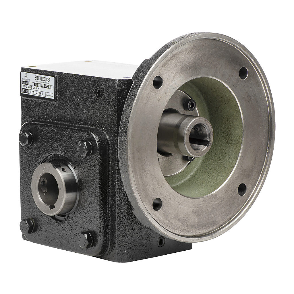 WG-262-005-H - IronHorse heavy duty worm gearbox, 5:1 ratio, NEMA 182TC input, hollow, 1.4375in diameter output shaft, nominal 5.24hp at 1.0 SF, 924 lb-in mechanical output torque, 2-5/8in center distance, cast iron housing, tapped-base mount.