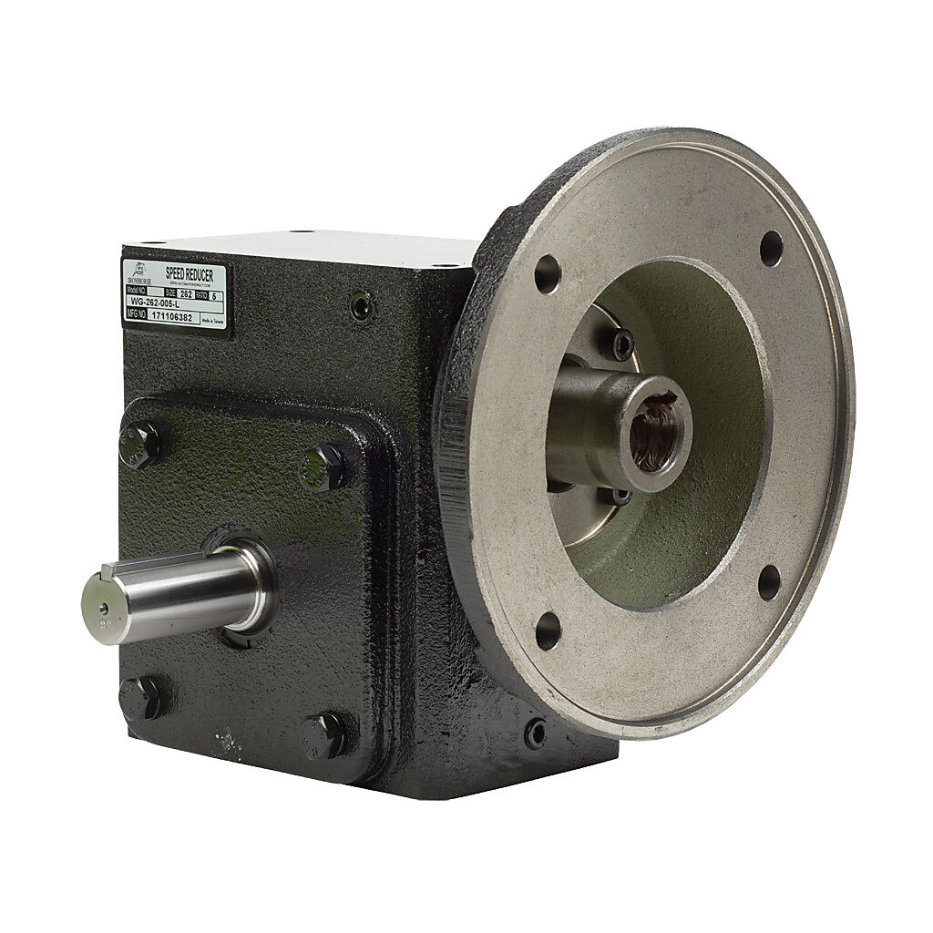 WG-262-005-L - IronHorse heavy duty worm gearbox, 5:1 ratio, NEMA 182TC input, left hand, 1.125in diameter output shaft, nominal 5.24hp at 1.0 SF, 924 lb-in mechanical output torque, 2-5/8in center distance, cast iron housing, tapped-base mount.