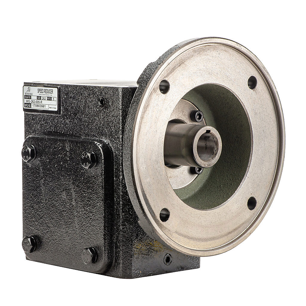 WG-262-005-R - IronHorse heavy duty worm gearbox, 5:1 ratio, NEMA 182TC input, right hand, 1.125in diameter output shaft, nominal 5.24hp at 1.0 SF, 924 lb-in mechanical output torque, 2-5/8in center distance, cast iron housing, tapped-base mount.