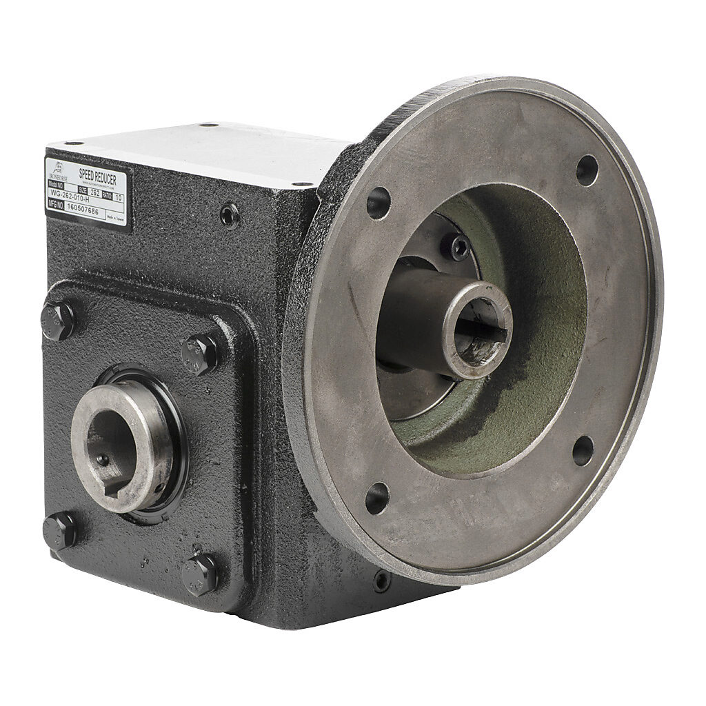 WG-262-010-H - IronHorse heavy duty worm gearbox, 10:1 ratio, NEMA 182TC input, hollow, 1.4375in diameter output shaft, nominal 4.17hp at 1.0 SF, 1445 lb-in mechanical output torque, 2-5/8in center distance, cast iron housing, tapped-base mount.