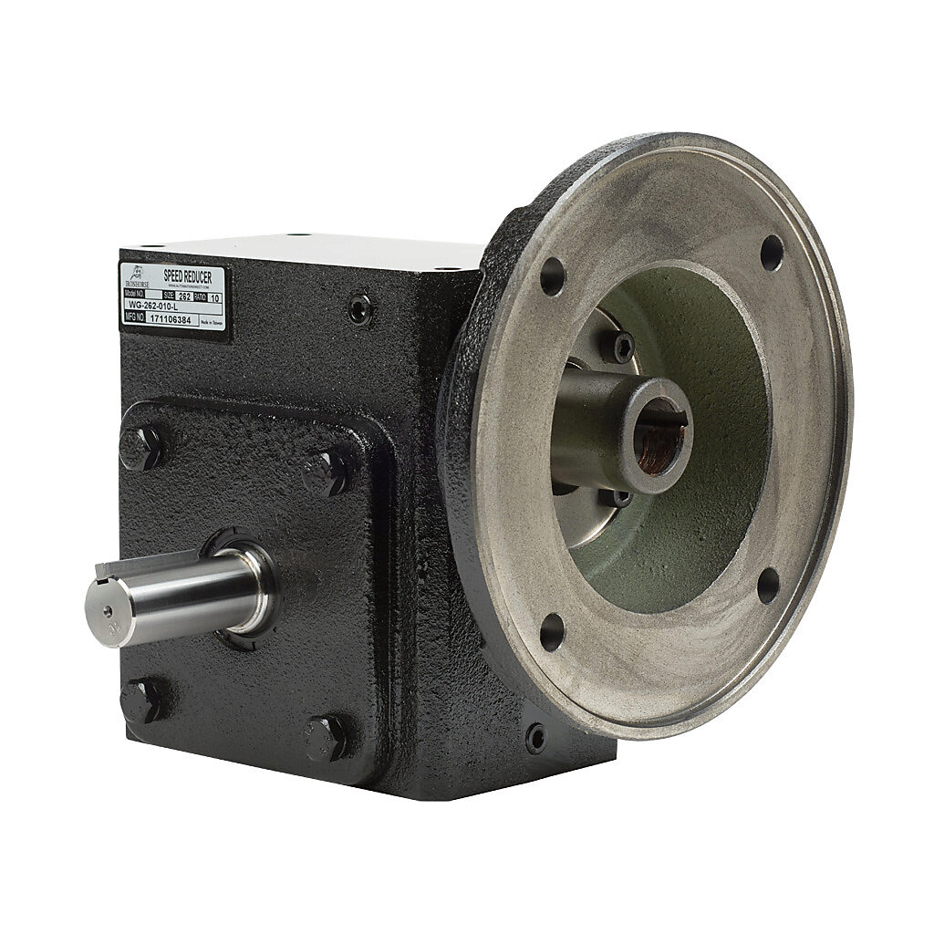 WG-262-010-L - IronHorse heavy duty worm gearbox, 10:1 ratio, NEMA 182TC input, left hand, 1.125in diameter output shaft, nominal 4.17hp at 1.0 SF, 1445 lb-in mechanical output torque, 2-5/8in center distance, cast iron housing, tapped-base mount.
