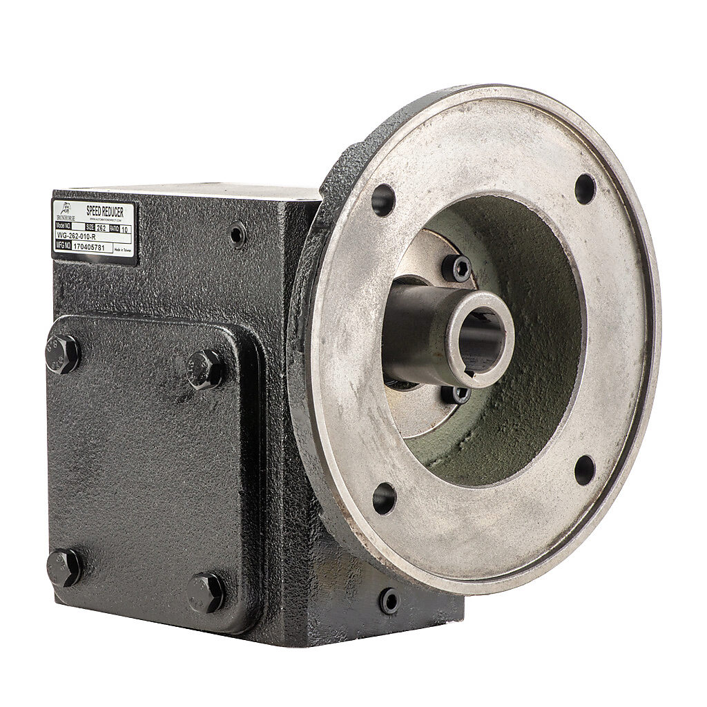 WG-262-010-R - IronHorse heavy duty worm gearbox, 10:1 ratio, NEMA 182TC input, right hand, 1.125in diameter output shaft, nominal 4.17hp at 1.0 SF, 1445 lb-in mechanical output torque, 2-5/8in center distance, cast iron housing, tapped-base mount.