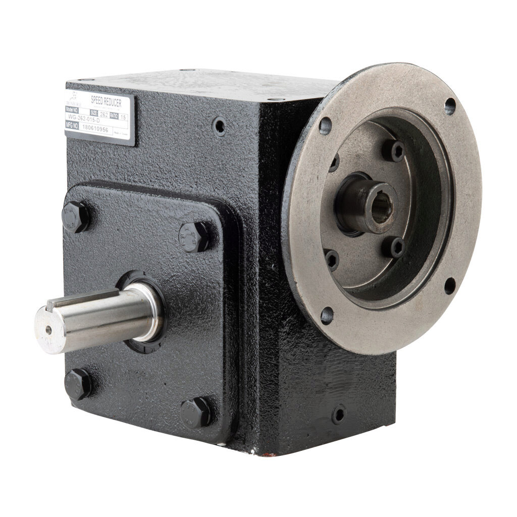 WG-262-015-D - IronHorse heavy duty worm gearbox, 15:1 ratio, NEMA 56C input, dual, 1.125in diameter output shaft, nominal 3.22hp at 1.0 SF, 1577 lb-in mechanical output torque, 2-5/8in center distance, cast iron housing, tapped-base mount.