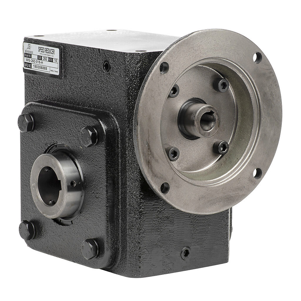 WG-262-015-H - IronHorse heavy duty worm gearbox, 15:1 ratio, NEMA 56C input, hollow, 1.4375in diameter output shaft, nominal 3.22hp at 1.0 SF, 1577 lb-in mechanical output torque, 2-5/8in center distance, cast iron housing, tapped-base mount.