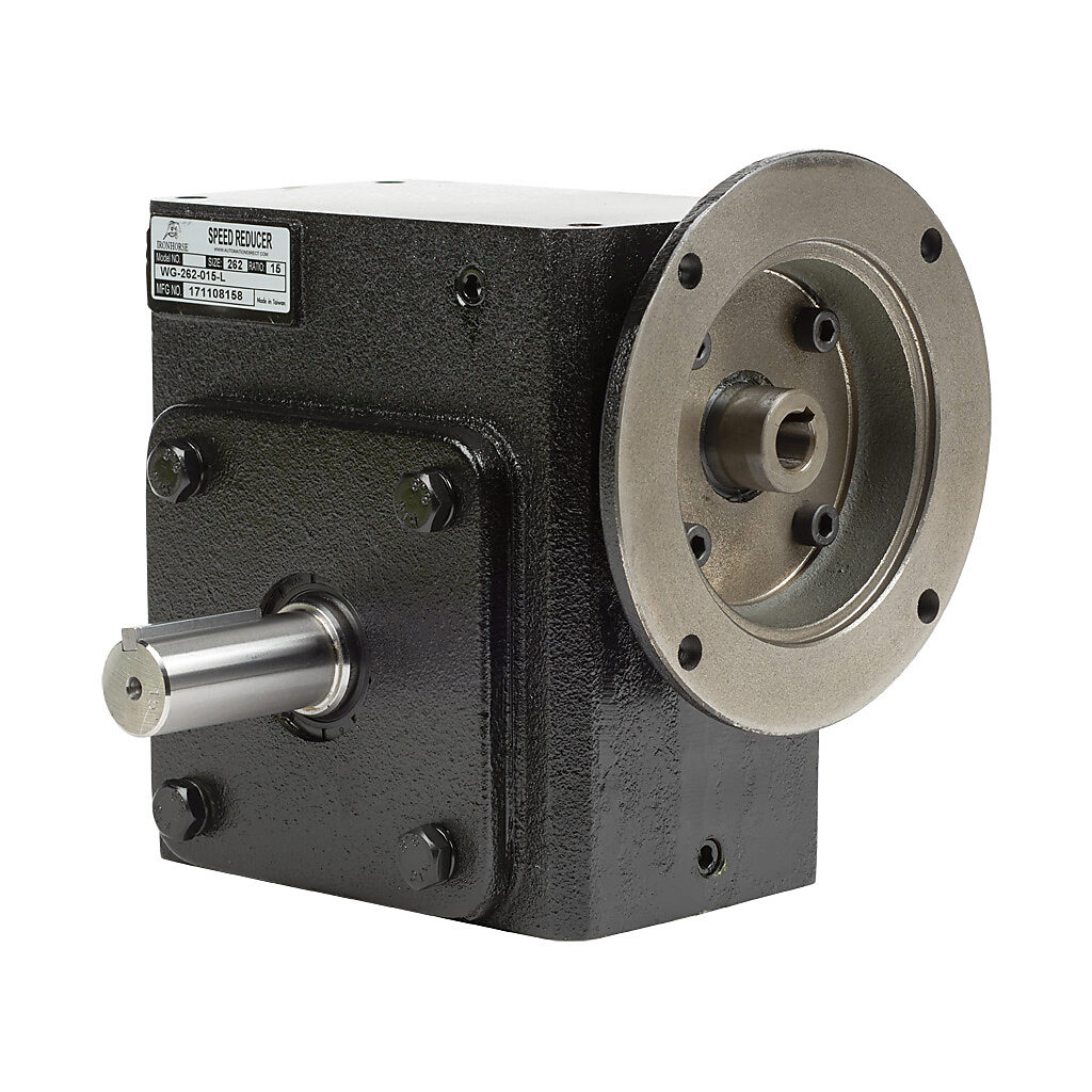 WG-262-015-L - IronHorse heavy duty worm gearbox, 15:1 ratio, NEMA 56C input, left hand, 1.125in diameter output shaft, nominal 3.22hp at 1.0 SF, 1577 lb-in mechanical output torque, 2-5/8in center distance, cast iron housing, tapped-base mount.