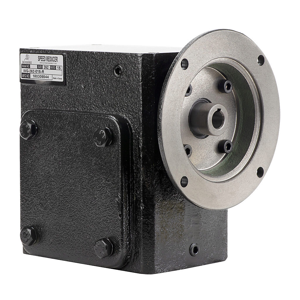 WG-262-015-R - IronHorse heavy duty worm gearbox, 15:1 ratio, NEMA 56C input, right hand, 1.125in diameter output shaft, nominal 3.22hp at 1.0 SF, 1577 lb-in mechanical output torque, 2-5/8in center distance, cast iron housing, tapped-base mount.