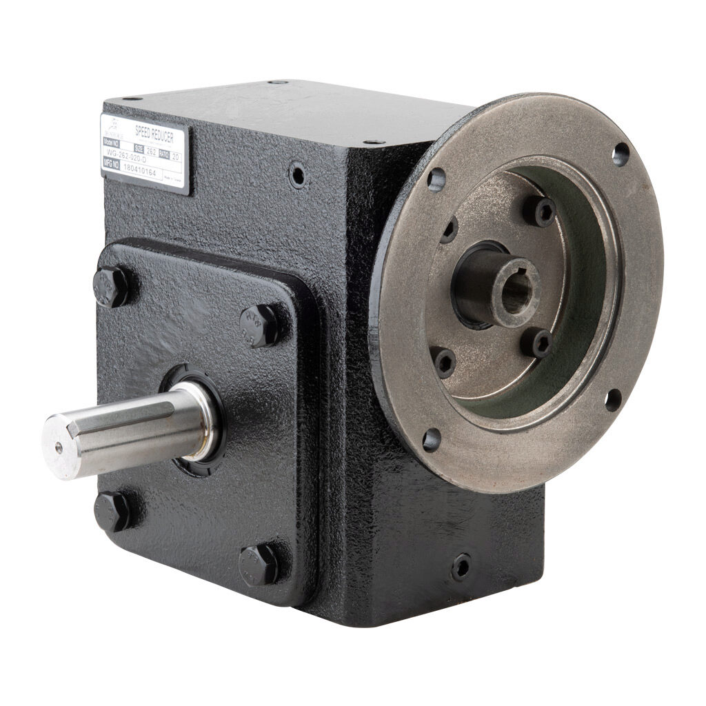 WG-262-020-D - IronHorse heavy duty worm gearbox, 20:1 ratio, NEMA 56C input, dual, 1.125in diameter output shaft, nominal 2.67hp at 1.0 SF, 1563 lb-in mechanical output torque, 2-5/8in center distance, cast iron housing, tapped-base mount.