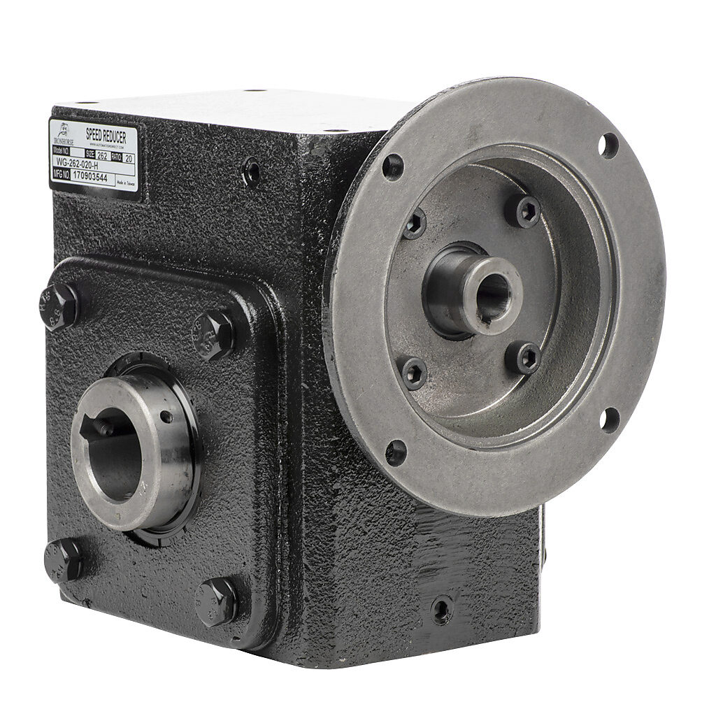 WG-262-020-H - IronHorse heavy duty worm gearbox, 20:1 ratio, NEMA 56C input, hollow, 1.4375in diameter output shaft, nominal 2.67hp at 1.0 SF, 1563 lb-in mechanical output torque, 2-5/8in center distance, cast iron housing, tapped-base mount.