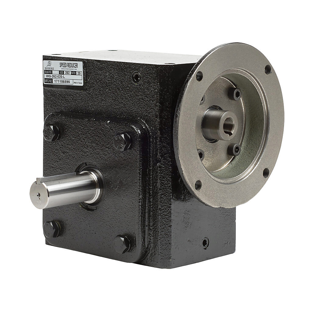 WG-262-020-L - IronHorse heavy duty worm gearbox, 20:1 ratio, NEMA 56C input, left hand, 1.125in diameter output shaft, nominal 2.67hp at 1.0 SF, 1563 lb-in mechanical output torque, 2-5/8in center distance, cast iron housing, tapped-base mount.