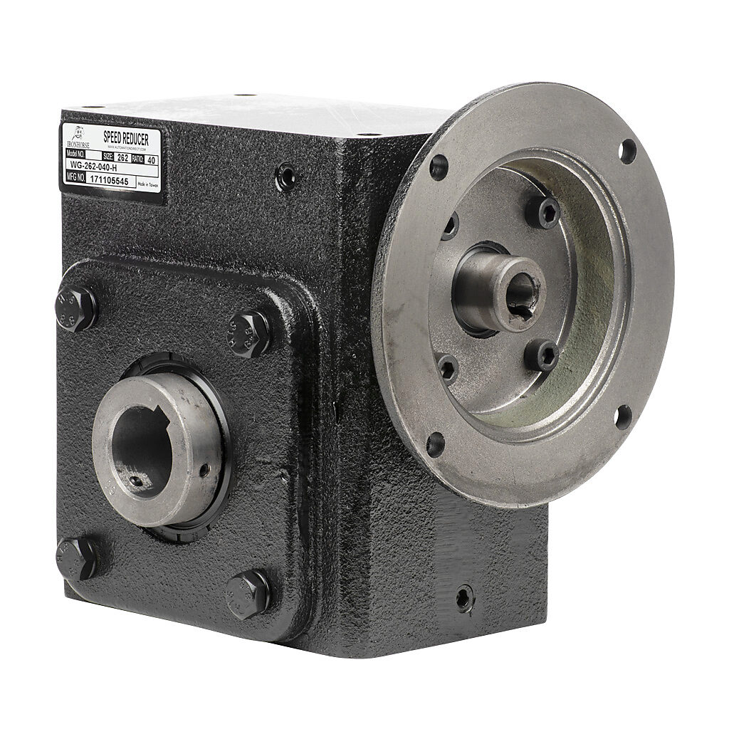WG-262-040-H - IronHorse heavy duty worm gearbox, 40:1 ratio, NEMA 56C input, hollow, 1.4375in diameter output shaft, nominal 1.85hp at 1.0 SF, 1919 lb-in mechanical output torque, 2-5/8in center distance, cast iron housing, tapped-base mount.