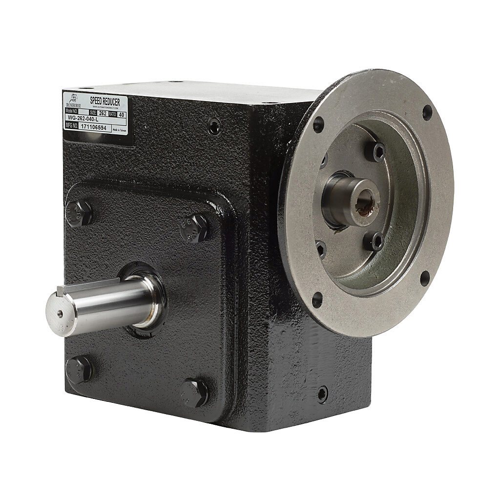 WG-262-040-L - IronHorse heavy duty worm gearbox, 40:1 ratio, NEMA 56C input, left hand, 1.125in diameter output shaft, nominal 1.85hp at 1.0 SF, 1919 lb-in mechanical output torque, 2-5/8in center distance, cast iron housing, tapped-base mount.