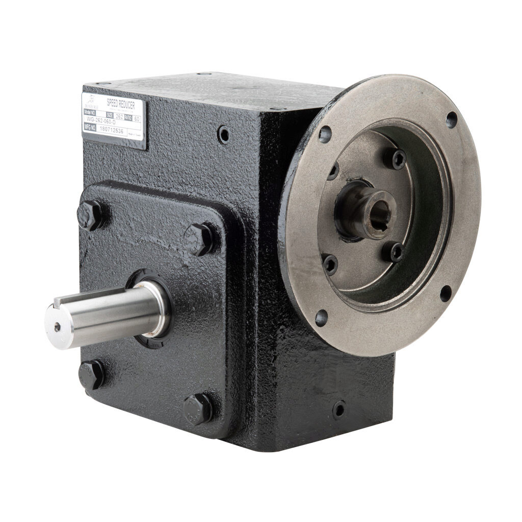 WG-262-060-D - IronHorse heavy duty worm gearbox, 60:1 ratio, NEMA 56C input, dual, 1.125in diameter output shaft, nominal 1.16hp at 1.0 SF, 1670 lb-in mechanical output torque, 2-5/8in center distance, cast iron housing, tapped-base mount.