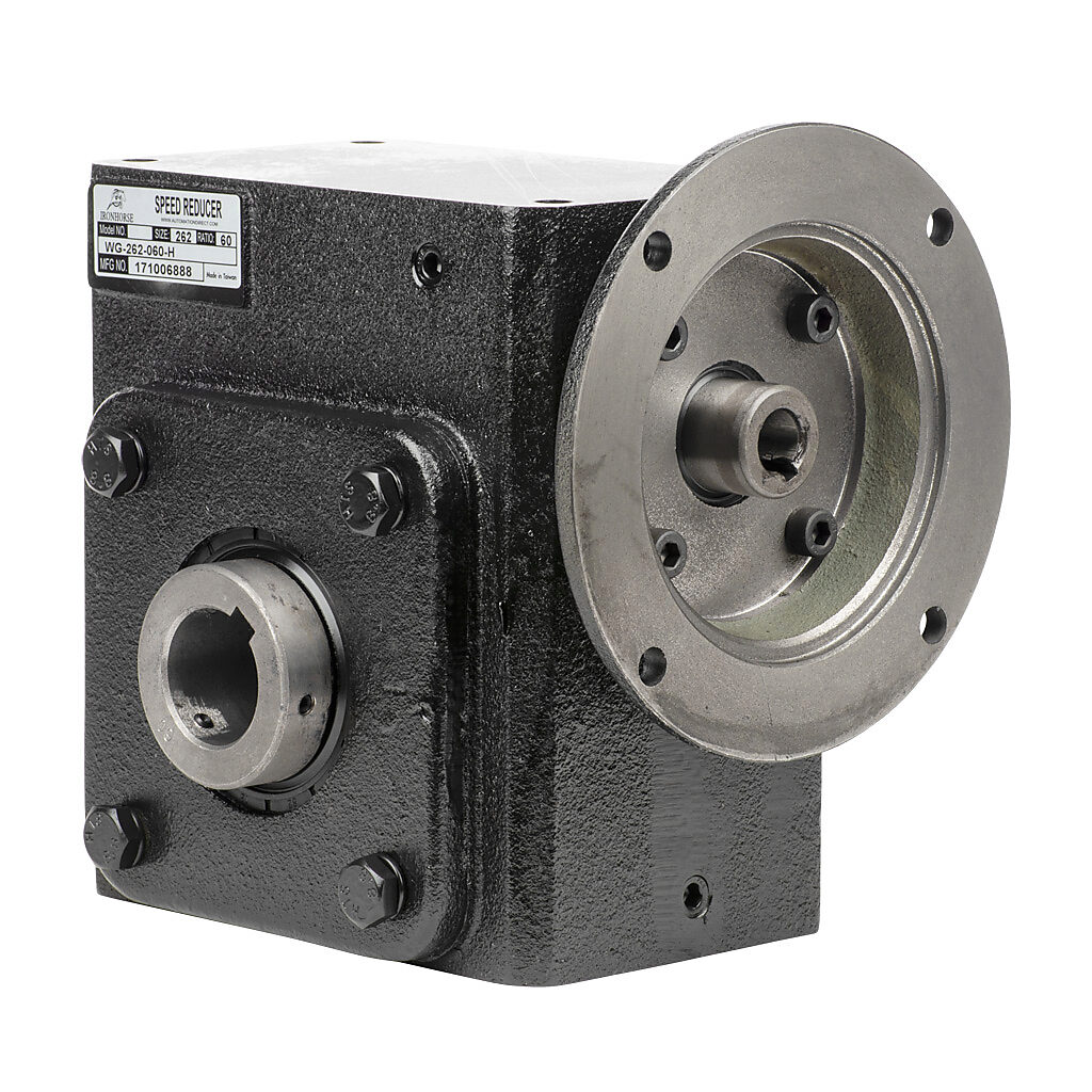 WG-262-060-H - IronHorse heavy duty worm gearbox, 60:1 ratio, NEMA 56C input, hollow, 1.4375in diameter output shaft, nominal 1.16hp at 1.0 SF, 1670 lb-in mechanical output torque, 2-5/8in center distance, cast iron housing, tapped-base mount.