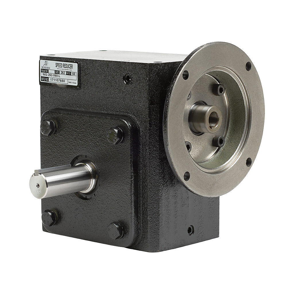 WG-262-060-L - IronHorse heavy duty worm gearbox, 60:1 ratio, NEMA 56C input, left hand, 1.125in diameter output shaft, nominal 1.16hp at 1.0 SF, 1670 lb-in mechanical output torque, 2-5/8in center distance, cast iron housing, tapped-base mount.
