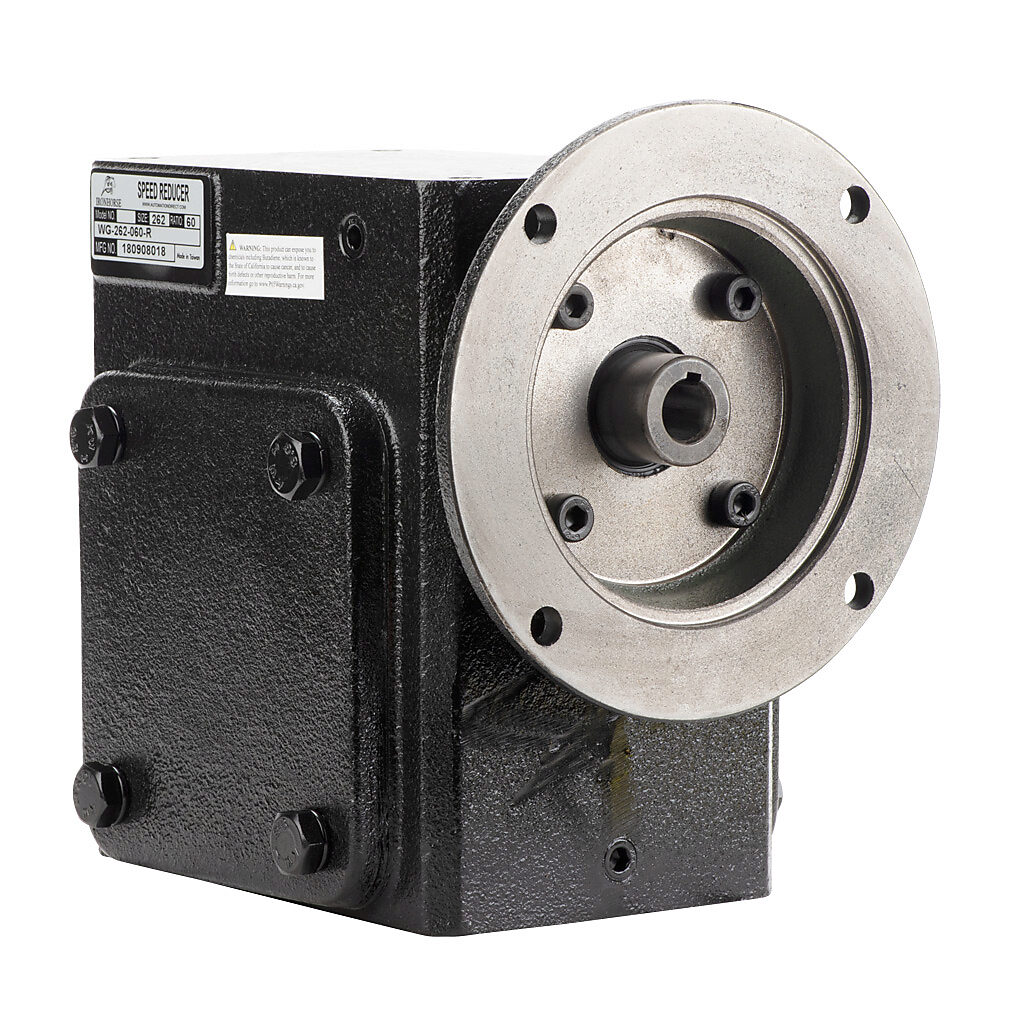 WG-262-060-R - IronHorse heavy duty worm gearbox, 60:1 ratio, NEMA 56C input, right hand, 1.125in diameter output shaft, nominal 1.16hp at 1.0 SF, 1670 lb-in mechanical output torque, 2-5/8in center distance, cast iron housing, tapped-base mount.