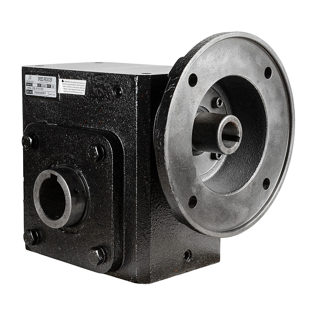 WG-325-015-HC - IronHorse heavy duty worm gearbox, 15:1 ratio, NEMA 182/4TC input, hollow, 1.937in diameter output shaft, nominal 5.45hp at 1.0 SF, 2611 lb-in mechanical output torque, 3-1/4in center distance, cast iron housing, tapped-base mount.