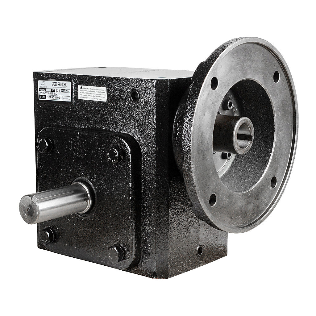 WG-325-015-LC - IronHorse heavy duty worm gearbox, 15:1 ratio, NEMA 182/4TC input, left hand, 1.375in diameter output shaft, nominal 5.45hp at 1.0 SF, 2611 lb-in mechanical output torque, 3-1/4in center distance, cast iron housing, tapped-base mount.