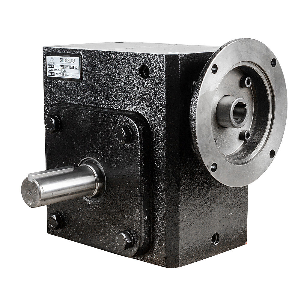 WG-325-060-LB - IronHorse heavy duty worm gearbox, 60:1 ratio, NEMA 145TC input, left hand, 1.375in diameter output shaft, nominal 2.03hp at 1.0 SF, 3127 lb-in mechanical output torque, 3-1/4in center distance, cast iron housing, tapped-base mount.