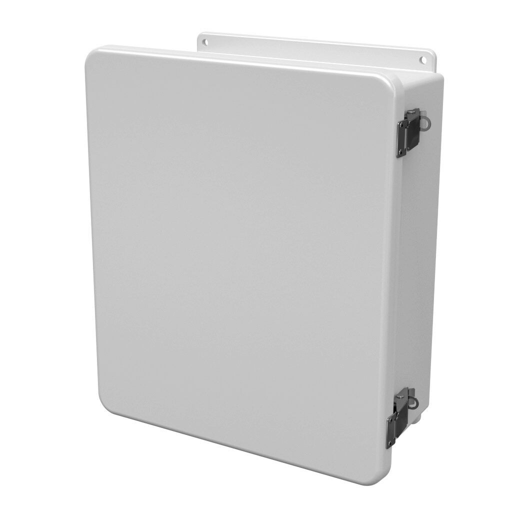WH-J1412HPL - Stahlin J series enclosure, NEMA 1/3R/4X/6P/12, 14 x 12 x 6in (HxWxD), wall mount, fiberglass reinforced polyester, white, single-door, quick-release latch, padlock hasp and staple, integral mounting flange.