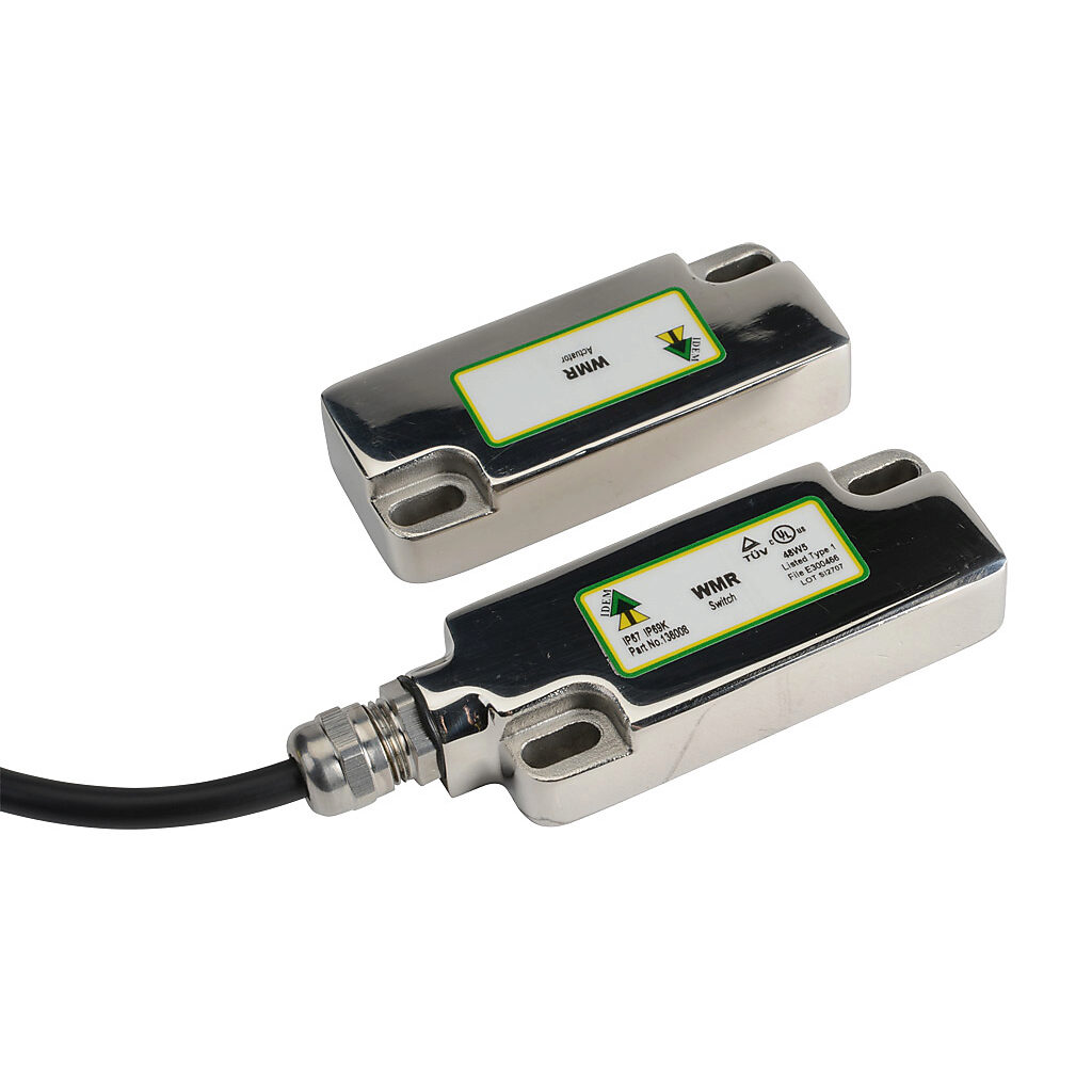WMR-136008 - IDEM safety switch set, non-contact magnetic, (2) N.C. safety output(s), (1) N.O. monitoring output(s), 316 stainless steel housing, 75 x 29mm, 8-pin M12 quick-disconnect, 9.8in/250mm cable length.