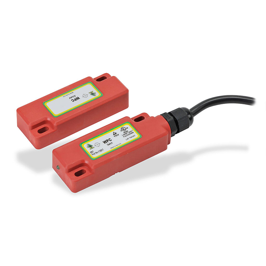WPC-112017 - IDEM safety switch set, non-contact coded magnetic, (2) N.C. safety output(s), (1) N.O. monitoring output(s), plastic housing, 75 x 29mm, pigtail, 6.5ft/2m cable length.