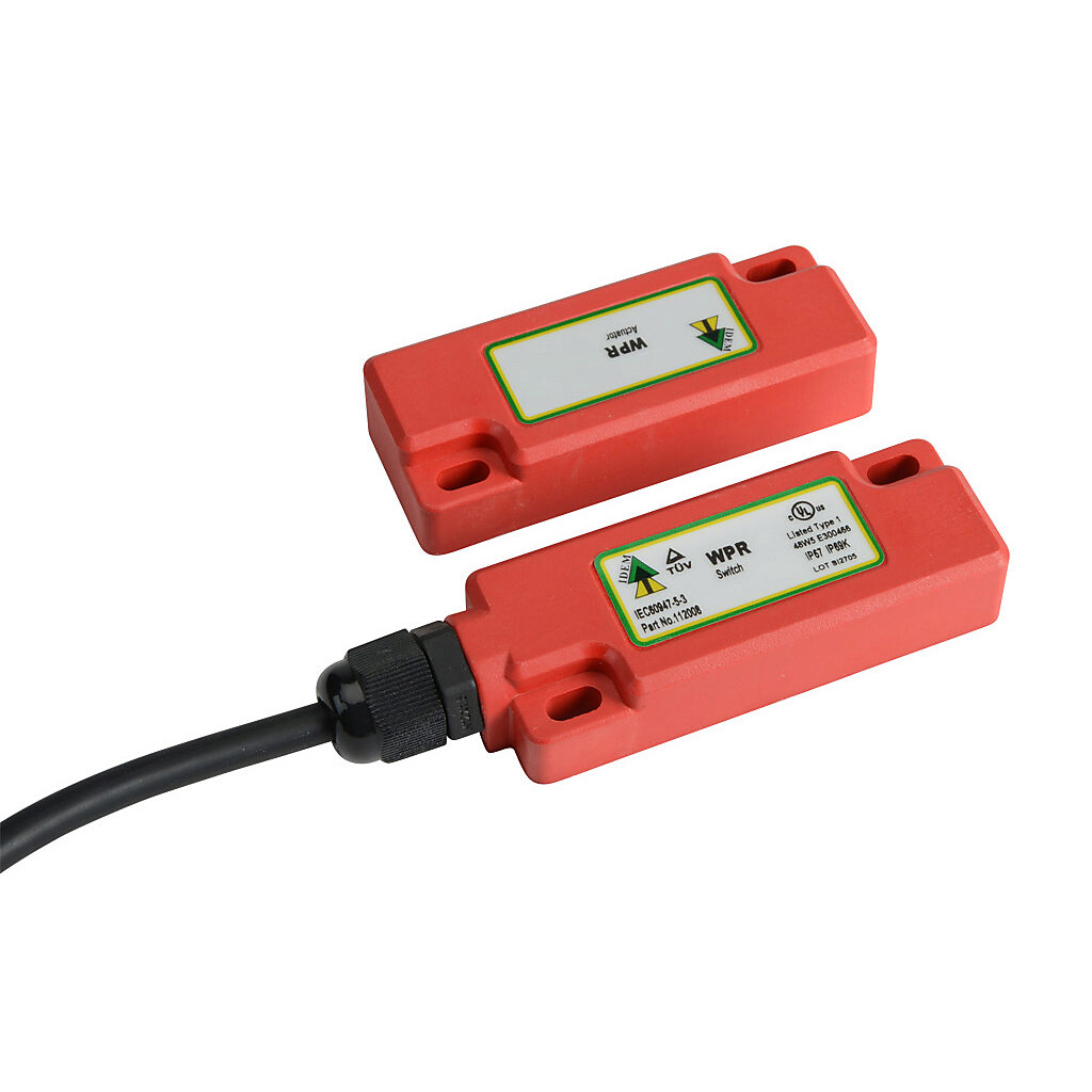 WPR-112008 - IDEM safety switch set, non-contact magnetic, (2) N.C. safety output(s), (1) N.O. monitoring output(s), plastic housing, 75 x 29mm, 8-pin M12 quick-disconnect, 9.8in/250mm cable length.